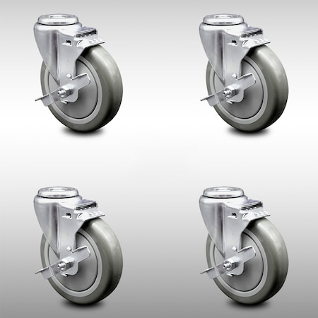 5 Inch SS Gray Polyurethane Wheel Swivel Bolt Hole Caster Set With Brake SCC